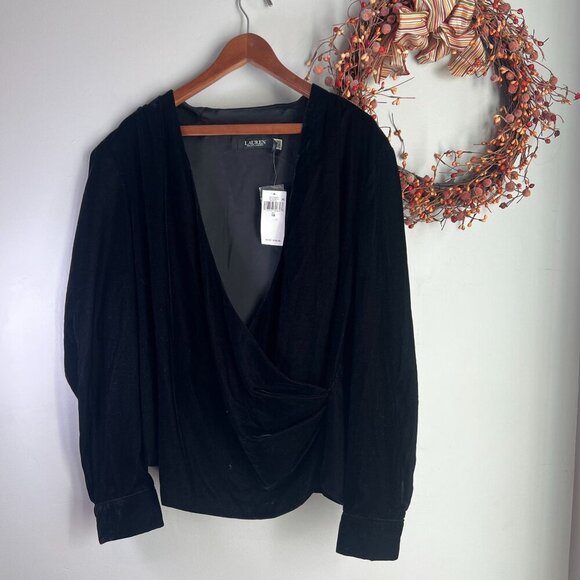 Lauren Ralph Lauren BLACK LABEL Velvet Top Sz 14 Black Plunging V Neck - Picture 1 of 9